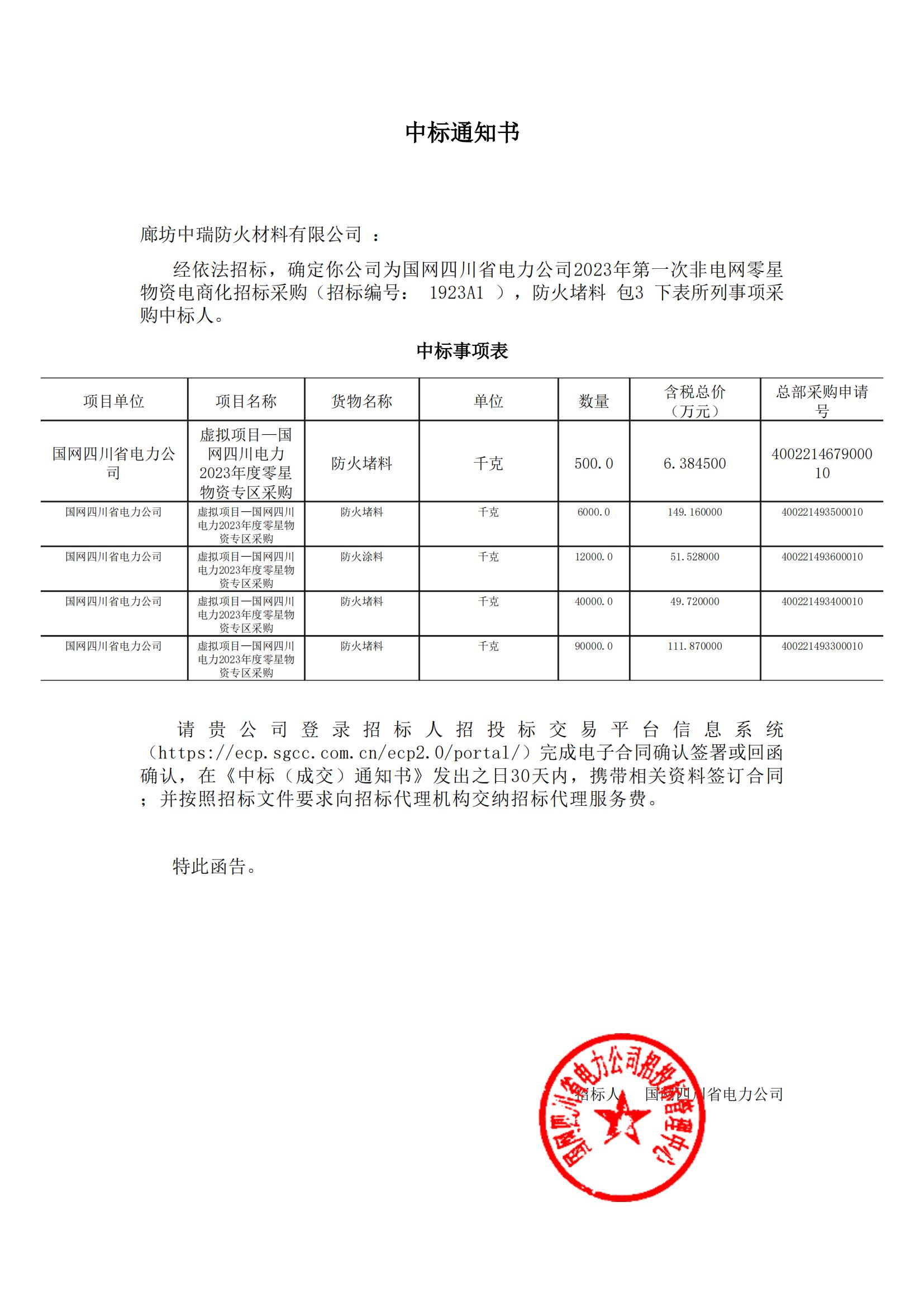 四川中標(biāo)通知書